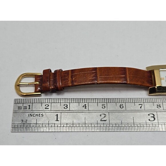 Womens Orvis Dual Time Tank Quartz Watch Gold Tone Brown Leather New Batteries - Picture 9 of 12